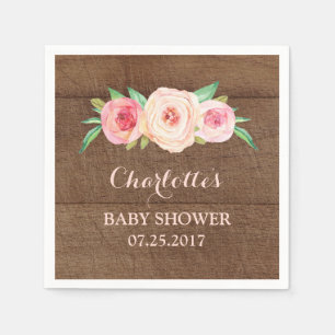 Blush Pink Watercolor Floral Wood Baby Shower Napkin
