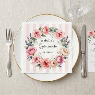 Blush Pink Watercolor Floral Wreath Quinceañera Napkin
