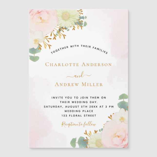 Blush pink watercolor florals whtie wedding magnet (Front)