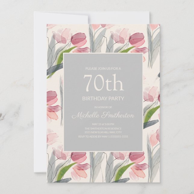 Blush Pink Watercolor Flower Tulips 70th Birthday Invitation (Front)