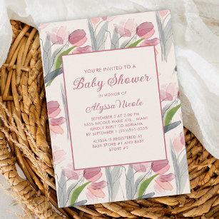 Blush Pink Watercolor Flower Tulips Baby Shower Invitation