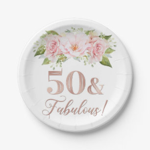 Blush Pink Watercolor Flowers 50th Birthday Party Paper Plate