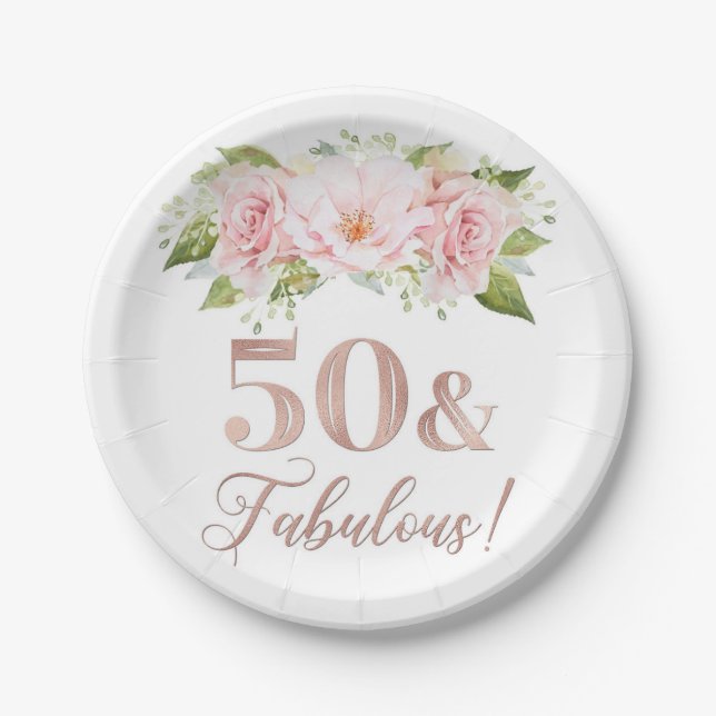 Blush Pink Watercolor Flowers 50th Birthday Party Paper Plate (Front)