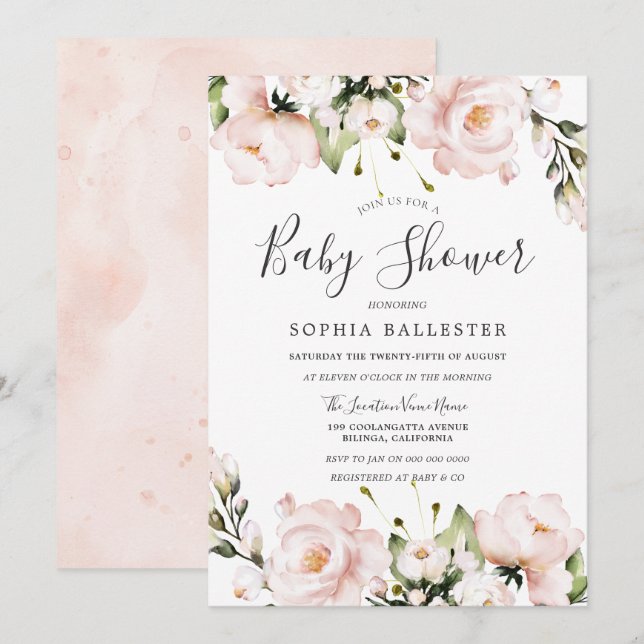 Blush Pink Watercolor Flowers Baby Shower Invitation (Front/Back)
