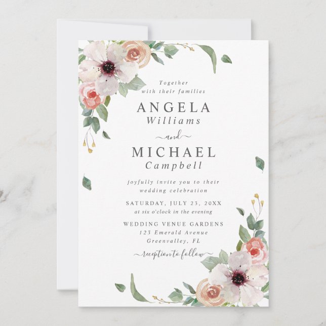 Blush Pink Watercolor Flowers Botanical Wedding Invitation (Front)