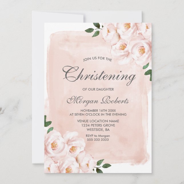 Blush Pink Watercolor Flowers Christening Baptism Invitation (Front)