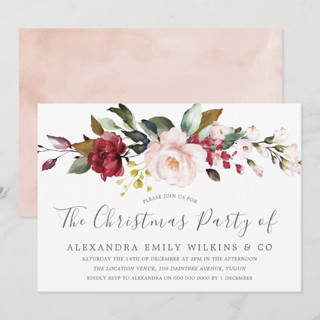 Blush Pink Watercolor Flowers Christmas Party Invitation (Front/Back)