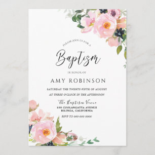 Blush Pink Watercolor Flowers Elegant Baptism Invitation