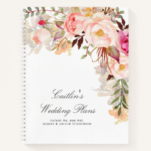Blush Pink Watercolor Flowers Elegant Wedding Plan Notebook
