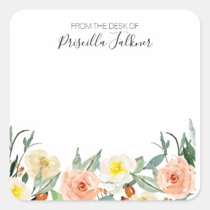 Blush Pink Watercolor Flowers From The Desk Of Square Sticker