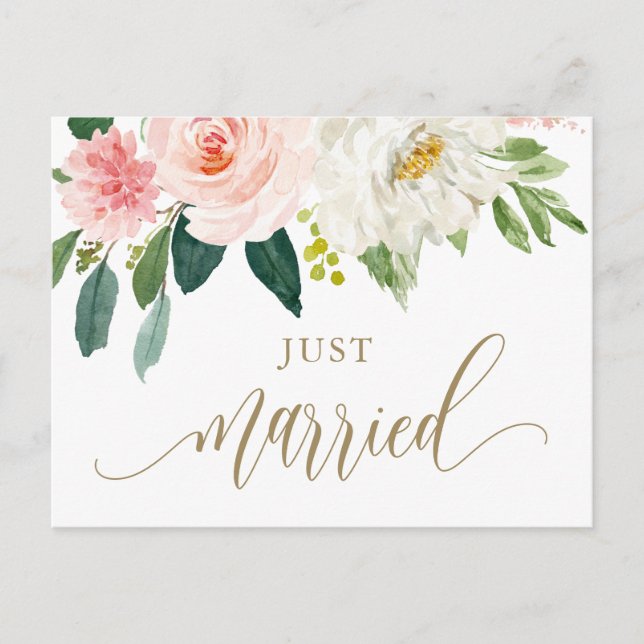 Blush Pink Watercolor Flowers Gold Just Married Postcard (Front)