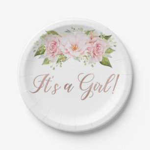Blush Pink Watercolor Flowers It's a Girl Paper Plate