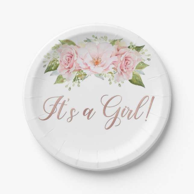 Blush Pink Watercolor Flowers It's a Girl Paper Plate (Front)