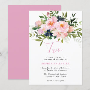 Blush Pink Watercolor Flowers & Navy 2nd Birthday Invitation