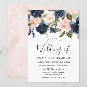 Blush Pink Watercolor Flowers Navy Wedding Invitation