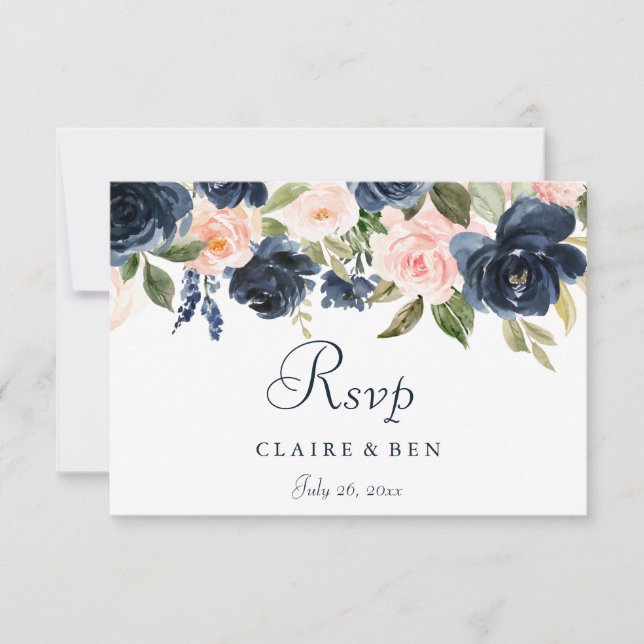Blush Pink Watercolor Flowers Navy Wedding RSVP Card (Front)