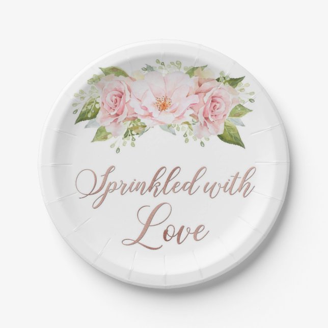 Blush Pink Watercolor Flowers Sprinkled with Love Paper Plate (Front)