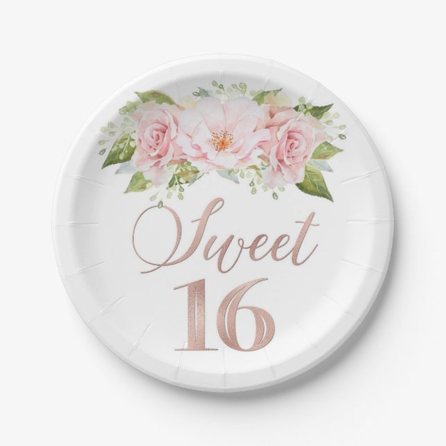 Blush Pink Watercolor Flowers Sweet 16 Birthday Paper Plate (Front)