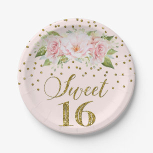 Blush Pink Watercolor Flowers Sweet 16 Birthday Paper Plate