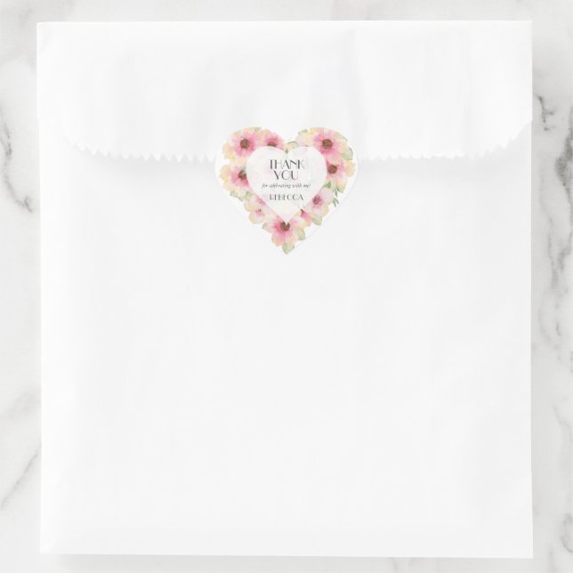 Blush Pink Watercolor Flowers Thank You Favour Heart Sticker (Bag)