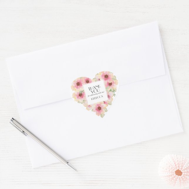 Blush Pink Watercolor Flowers Thank You Heart Sticker (Envelope)