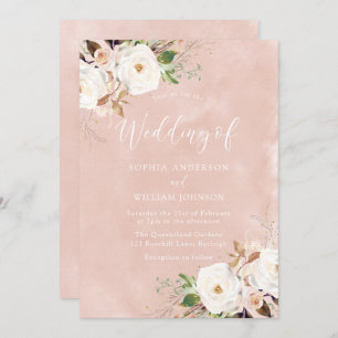 Blush Pink Watercolor Flowers Wedding Invitation
