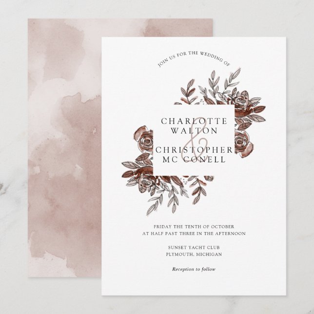 Blush pink watercolor flowers wedding invitation (Front/Back)