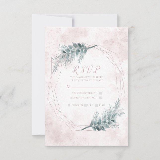 Blush Pink Watercolor Geometric Botanical RSVP Card (Front)
