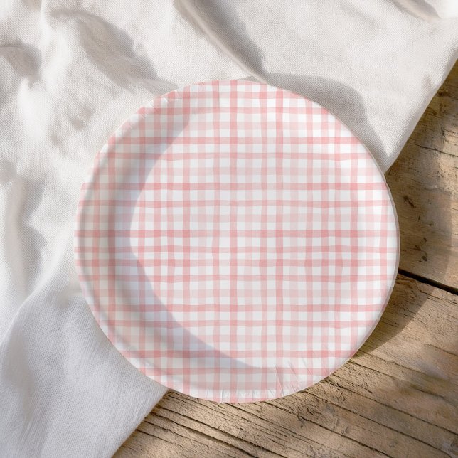 Blush Pink Watercolor Gingham Baby Shower Paper Plate (Creator Uploaded)