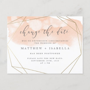 Blush Pink Watercolor Gold Border Change The Date Invitation Postcard