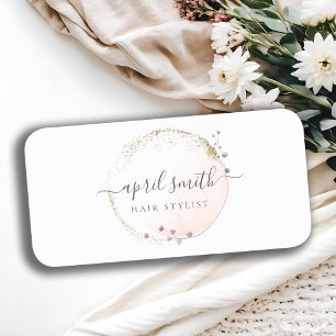 Blush Pink Watercolor Gold Circle Floral Wreath Name Tag