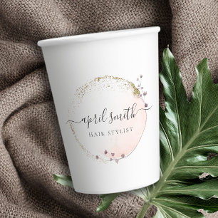 Blush Pink Watercolor Gold Circle Floral Wreath Paper Cups