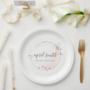 Blush Pink Watercolor Gold Circle Floral Wreath Paper Plate