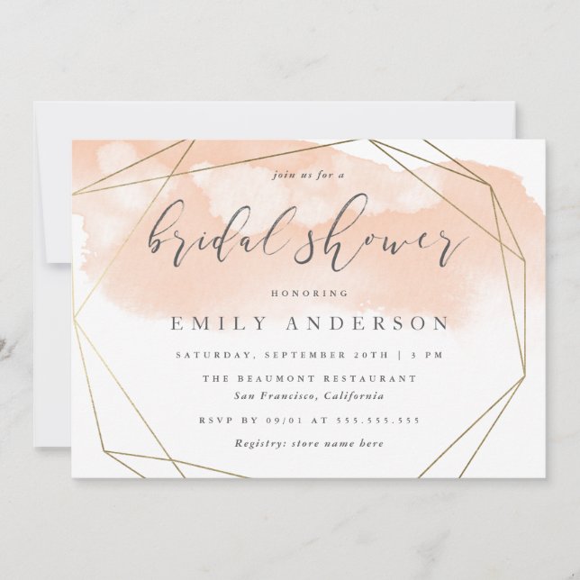 Blush Pink Watercolor Gold Elegant Bridal Shower Invitation (Front)
