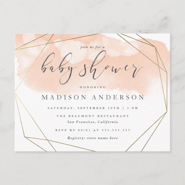 Blush Pink Watercolor Gold Geometric Baby Shower Invitation Postcard (Front)