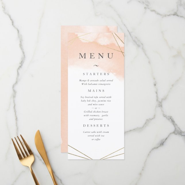 Blush Pink Watercolor & Gold Geometric Frame Menu (Front/Back In Situ)