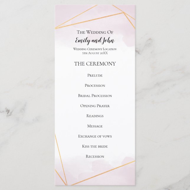 Blush Pink Watercolor Gold Geometric Lines Wedding Programme (Front)