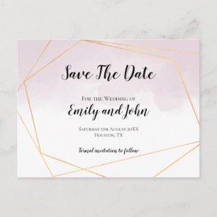 Blush Pink Watercolor Gold Geometric Save The Date Postcard