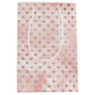 Blush Pink Watercolor Gold Hearts Medium Gift Bag