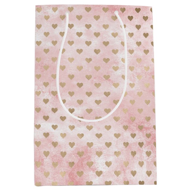 Blush Pink Watercolor Gold Hearts Medium Gift Bag (Front)