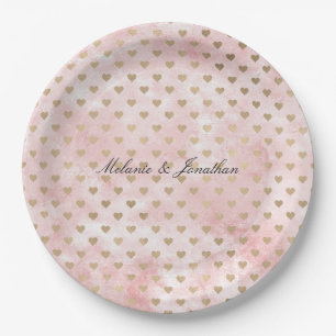Blush Pink Watercolor Gold Hearts Paper Plate