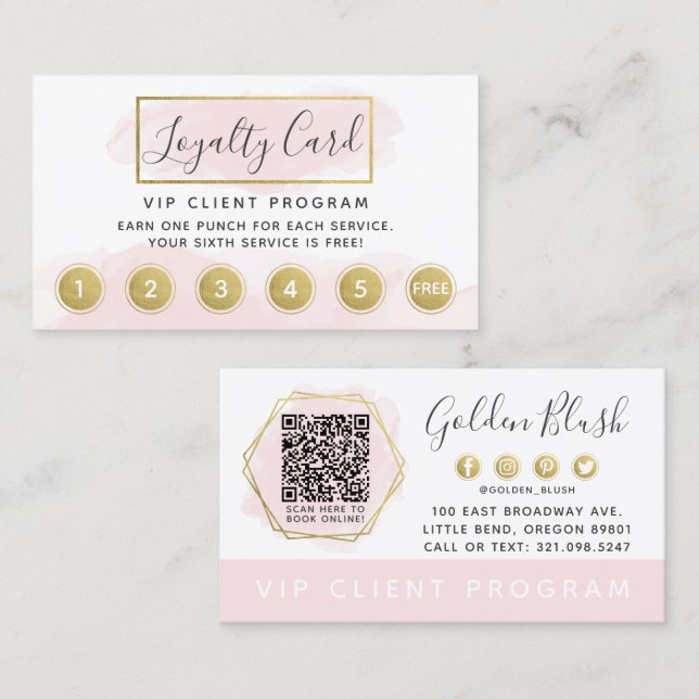 Blush Pink Watercolor Gold Loyalty Punch Stamp QR Business Card (Front/Back)