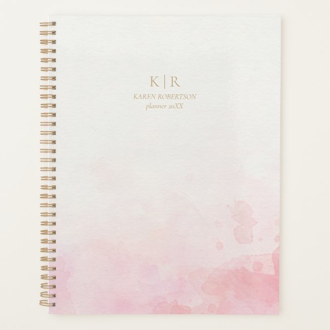 Blush pink watercolor, gold monogram planner  (Front)