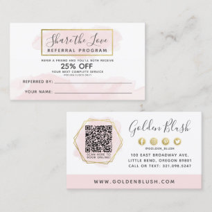 Blush Pink Watercolor & Gold Referral Program QR Business Card