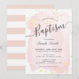 Blush Pink Watercolor Gold Splatters Girl Baptism Invitation