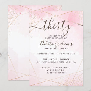 Blush Pink Watercolor Gold Thirty Birthday Party Invitation