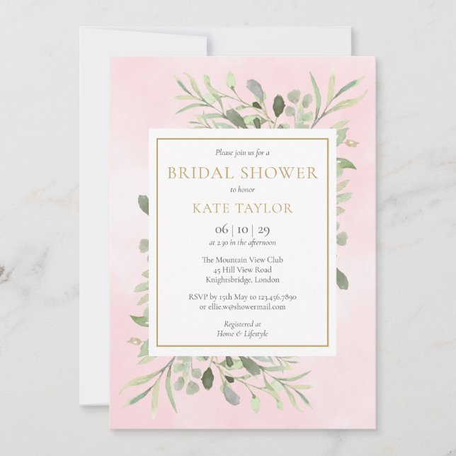 Blush Pink Watercolor Greenery Bridal Shower Invitation (Front)