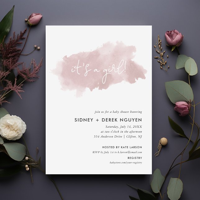 Blush Pink Watercolor It's a Girl Baby Shower Invitation (Creator Uploaded)