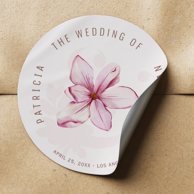 Blush pink watercolor magnolia flower wedding classic round sticker (Creator Uploaded)