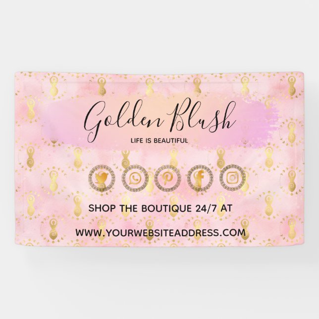 Blush Pink Watercolor & Modern Gold Geometric Chic Banner (Horizontal)